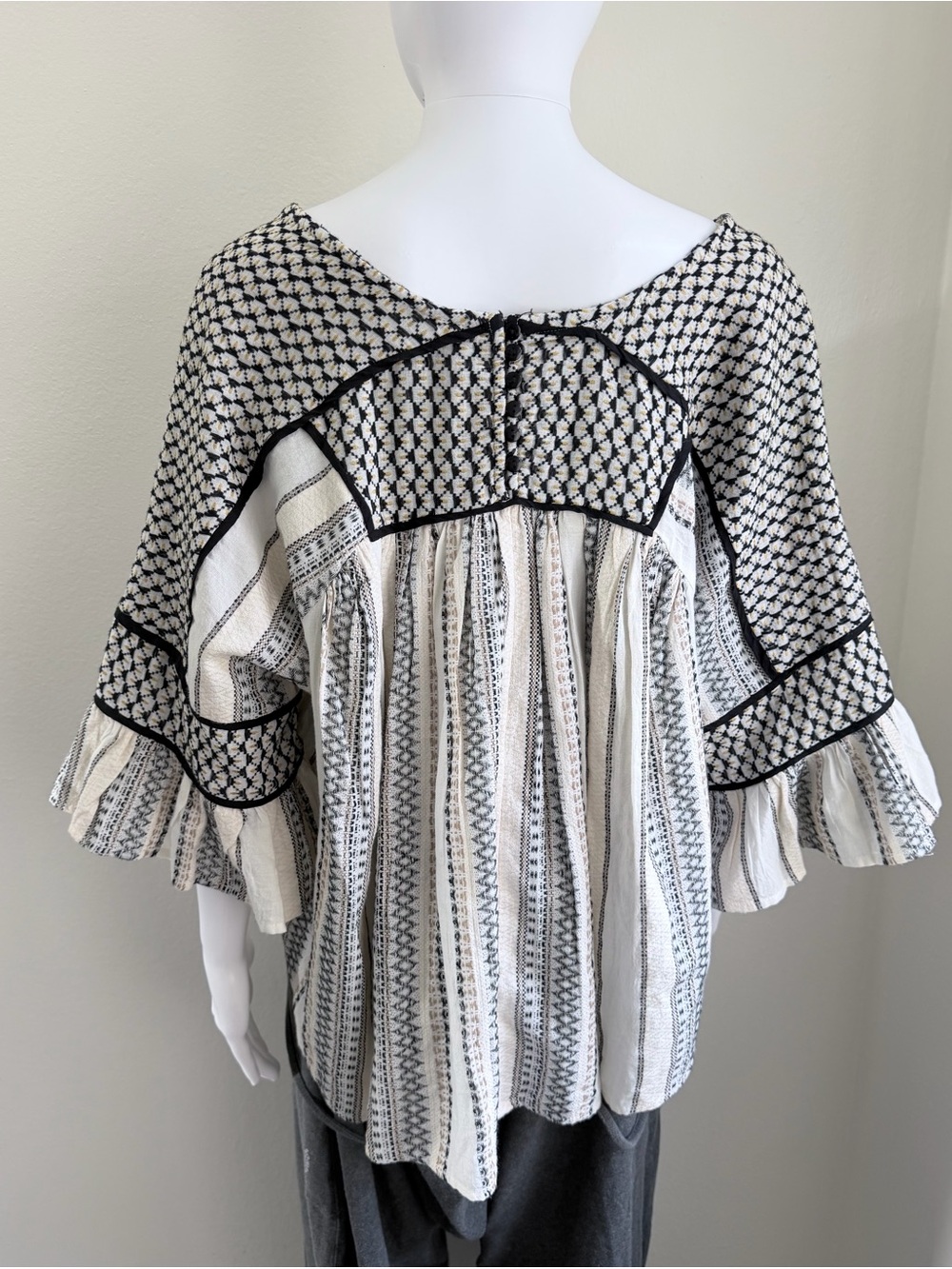 Free People Ivory and Black Patterned Peasant Blouse - Picture 9 of 10